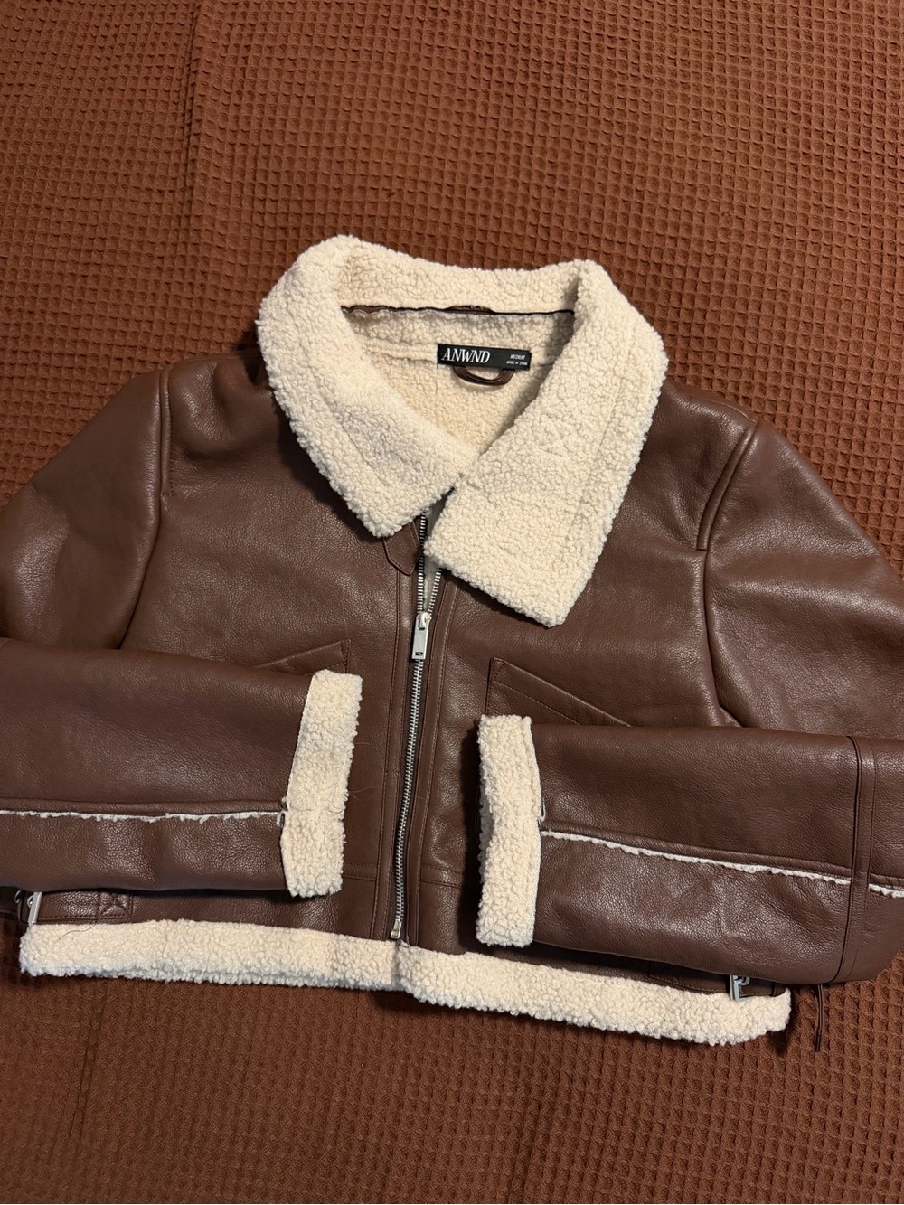 Brown Pleather-Look Sherpa Jacket Crop